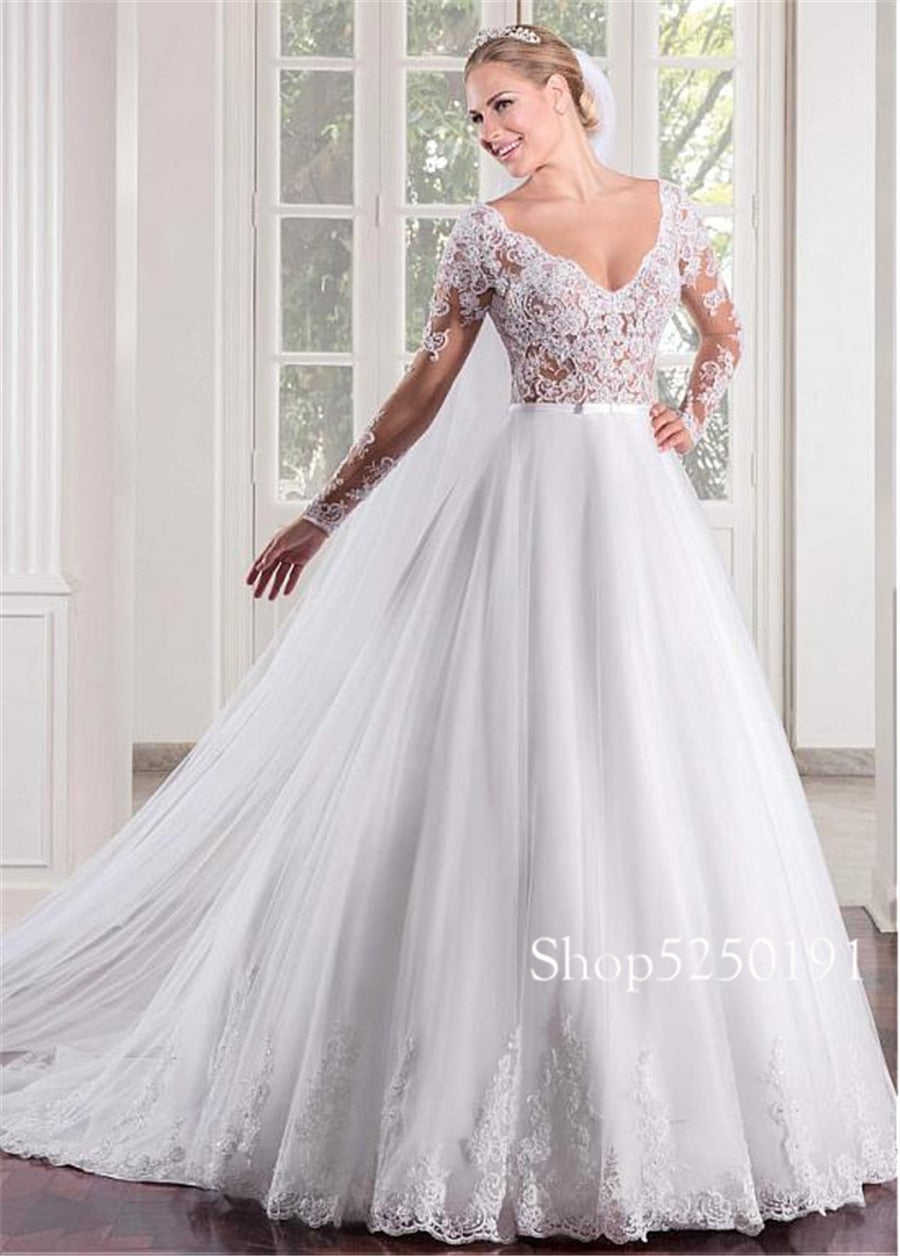 Roycebridal Marvelous Tulle V-neck Neckline See-through Bodice A-line Wedding Dress Long Sleeves Illusion Back Bridal Gowns