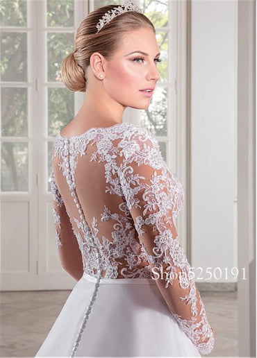 Roycebridal Marvelous Tulle V-neck Neckline See-through Bodice A-line Wedding Dress Long Sleeves Illusion Back Bridal Gowns