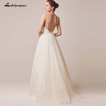 Sexy Spaghetti Straps Tulle Wedding Dress Vestido De Novia Sleeveless V-neck Backless Bride Dresses Robe De Mariage - ROYCEBRIDAL OFFICIAL STORE