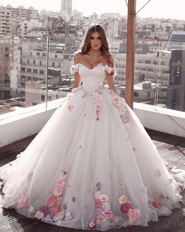 Roycebridal Glamorous Princess Weeding Dresses 2021 Engagement Dress A-Line Hand Made Flowers Tulle Brides Dress Plus Size wedding dresses