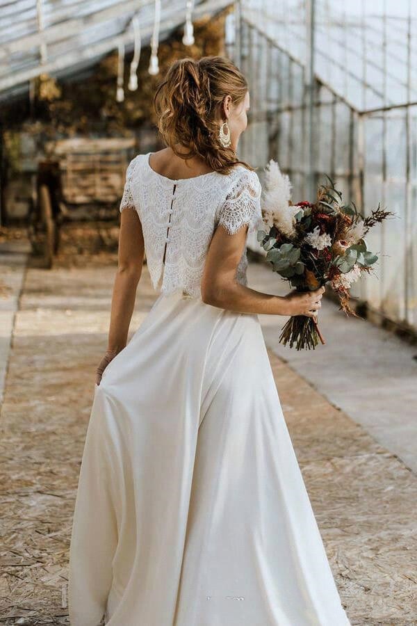 Roycebridal Bohemian Two Pieces Wedding Dresses 2021 Lace Top Short Sleeve Bridal Gown Jewel Neck Beach Wedding Gown Vestidos De Novia