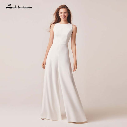 Jumpsuits Wedding Dresses 2020 Simple White Ivory Wedding gown Pants Suits Pleated Bride Gown Bridal Formal Dresses - ROYCEBRIDAL OFFICIAL STORE