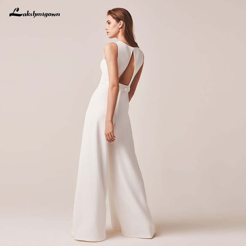 Jumpsuits Wedding Dresses 2020 Simple White Ivory Wedding gown Pants Suits Pleated Bride Gown Bridal Formal Dresses - ROYCEBRIDAL OFFICIAL STORE