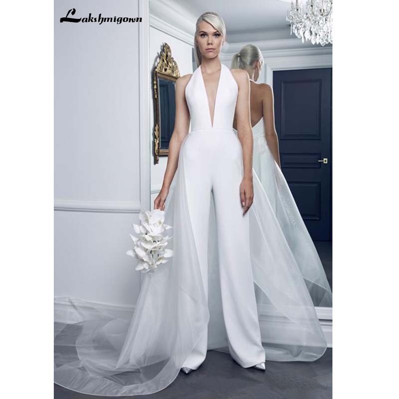 Halter Wedding Dresses Jumpsuit Sleeveless Sexy Backless Plus Size Beach Bridal Gown With Overskirt - ROYCEBRIDAL OFFICIAL STORE