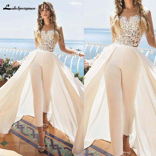 Jumpsuit Wedding Dresses with Detachable Train Ankle Length Jewel Neck Appliques Outfit Bridal Dress Satin Overskirt Wedding Gow - ROYCEBRIDAL OFFICIAL STORE