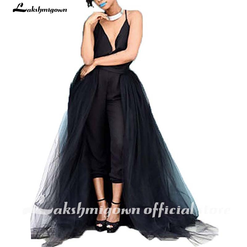 Jumpsuit Black Wedding Dresses Gothic V Neck Overskirt Wedding Dresses Sleeveless Arabic Wedding Gowns 2020 robe soiree dubai - ROYCEBRIDAL OFFICIAL STORE