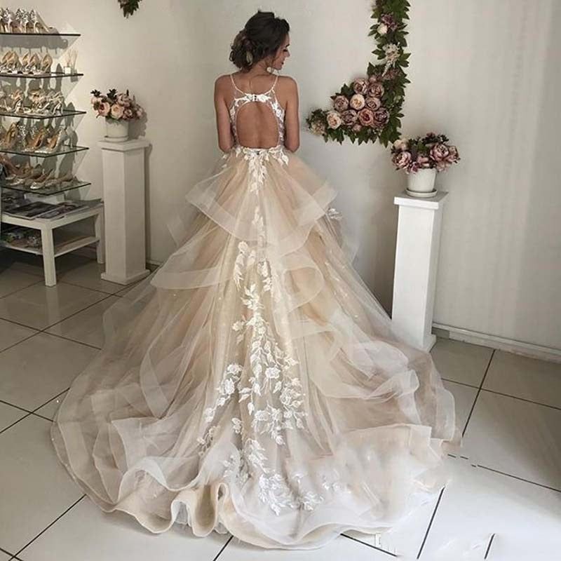 Champagne Floral Lace Wedding Dresses Sexy Backless Ruffles Puffy Bridal Gowns Beach Wedding Gowns Vestido De Noiva - ROYCEBRIDAL OFFICIAL STORE