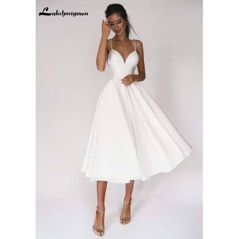 Beach Short Wedding Dress Soft Satin Spaghetti Strap A Line Bridal Wedding gown trouwjurk Vestidos de Nova wedding party dress - ROYCEBRIDAL OFFICIAL STORE