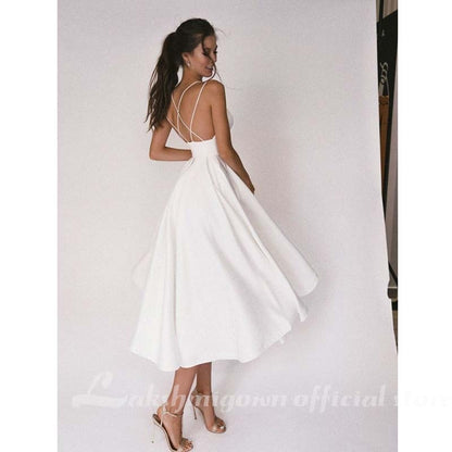 Beach Short Wedding Dress Soft Satin Spaghetti Strap A Line Bridal Wedding gown trouwjurk Vestidos de Nova wedding party dress - ROYCEBRIDAL OFFICIAL STORE