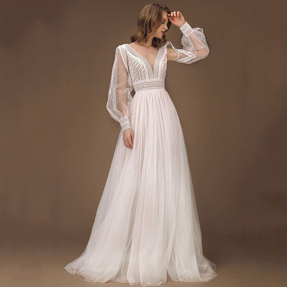 Elegant A-Line Wedding Dress Puff Sleeves Tulle Boho Wedding Gowns Sexy Backless Vestido De Novia Princess Wedding Party Dress - ROYCEBRIDAL OFFICIAL STORE