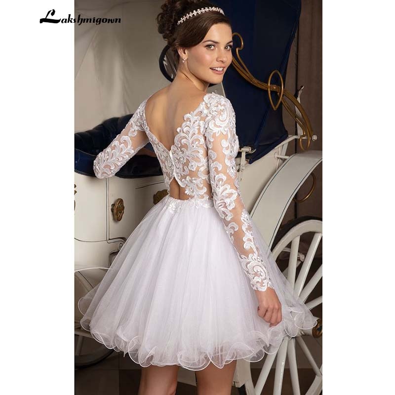 Sexy Tulle Wedding Dress Short Cheap Wedding Reception Dresses V Neck With Long Sleeves Lace Wedding Bridal Gowns - ROYCEBRIDAL OFFICIAL STORE