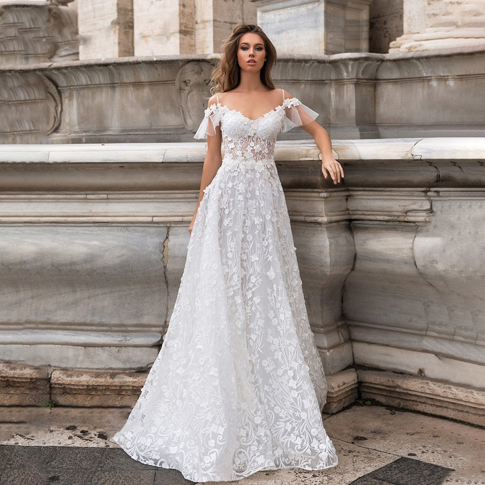 Roycebridal New Wedding Dresses 2021 A-line Sweetheart Bridal Gown Lace Appliques Ball Gown Short Sleeve Backless Vestidos de Noivas