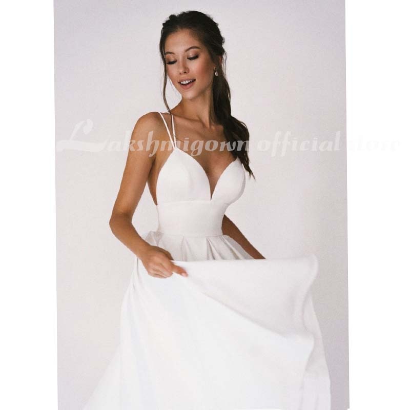 Beach Short Wedding Dress Soft Satin Spaghetti Strap A Line Bridal Wedding gown trouwjurk Vestidos de Nova wedding party dress - ROYCEBRIDAL OFFICIAL STORE