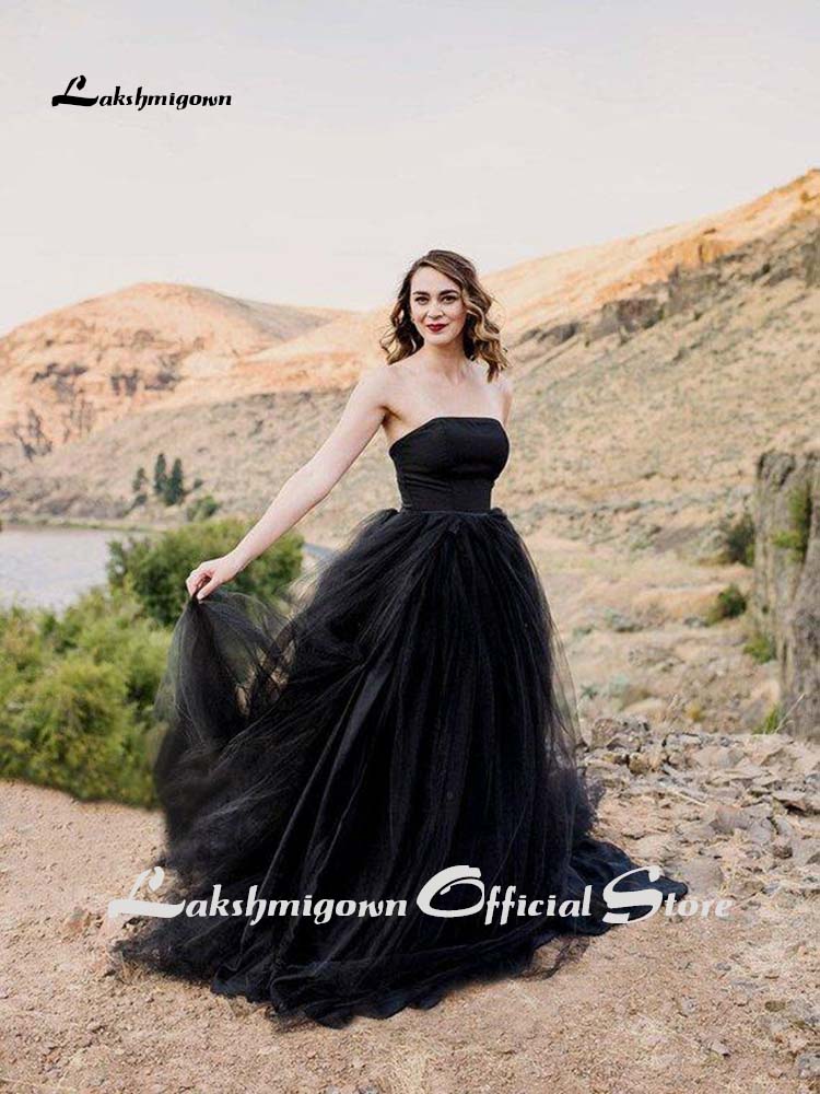 Black Wedding Dress Tulle Strapless Lace up Back 2021 Gothic Wedding Dress Court Train Bridal Gown wedding gown Vestido De Noiva - ROYCEBRIDAL OFFICIAL STORE