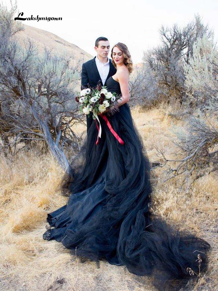 Black Wedding Dress Tulle Strapless Lace up Back 2021 Gothic Wedding Dress Court Train Bridal Gown wedding gown Vestido De Noiva - ROYCEBRIDAL OFFICIAL STORE