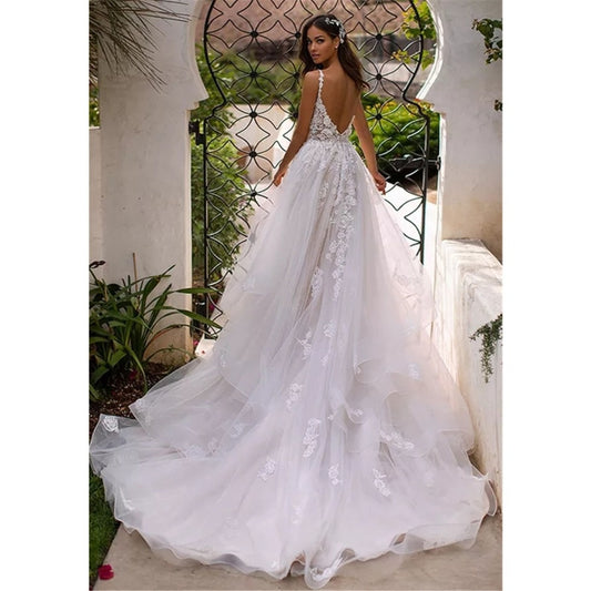 Roycebridal Long Boho A-Line Backless Wedding Dress 3D Flowers Spaghetti Straps Bride Dresses Princess Floor Length Wedding Gowns