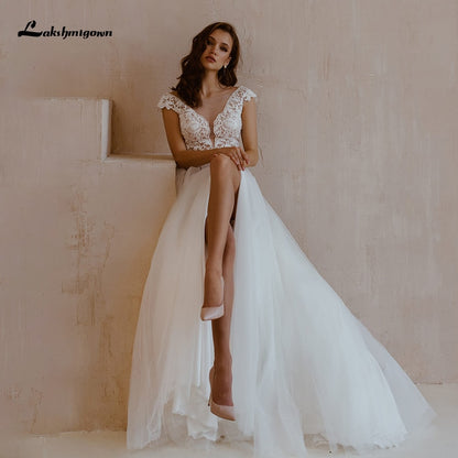 Lakshmigown Sexy Boho Wedding Dresses with High Slit vestido de novia V Neck Lace Appliques Bridal Gown Robe De Mariee - ROYCEBRIDAL OFFICIAL STORE