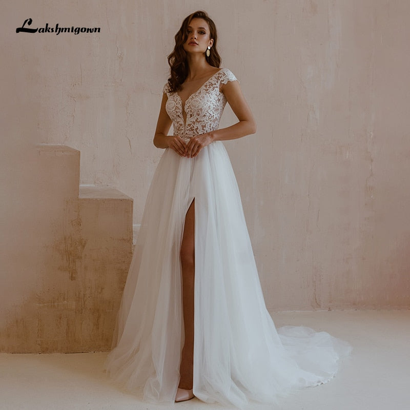 Lakshmigown Sexy Boho Wedding Dresses with High Slit vestido de novia V Neck Lace Appliques Bridal Gown Robe De Mariee - ROYCEBRIDAL OFFICIAL STORE