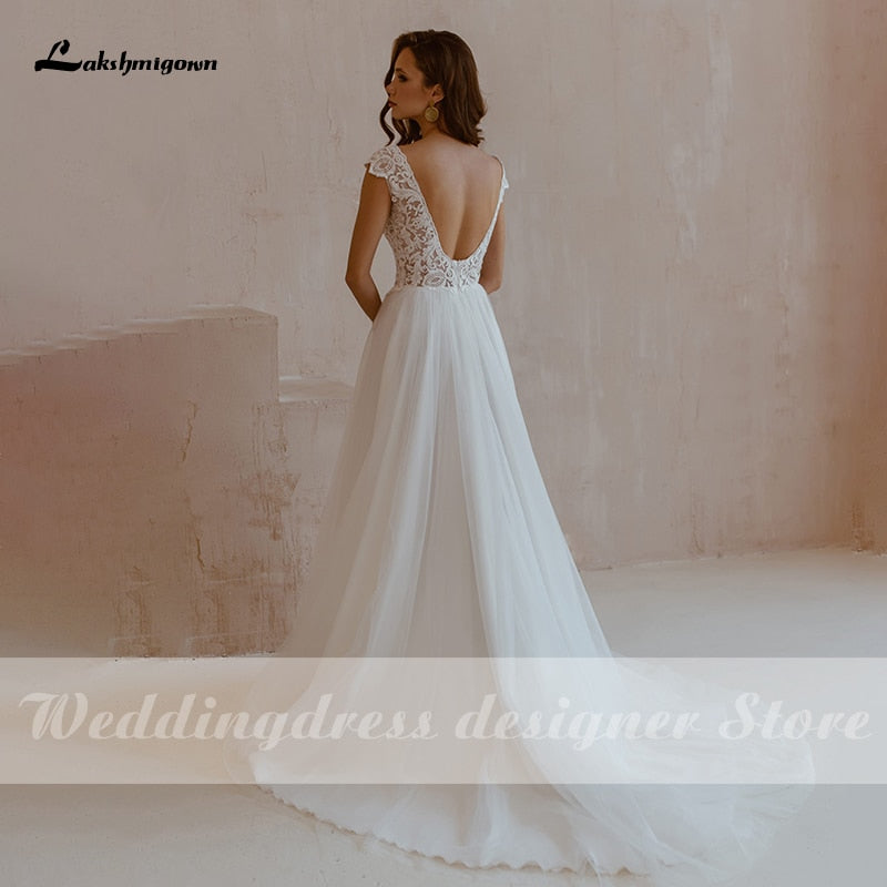 Lakshmigown Sexy Boho Wedding Dresses with High Slit vestido de novia V Neck Lace Appliques Bridal Gown Robe De Mariee - ROYCEBRIDAL OFFICIAL STORE