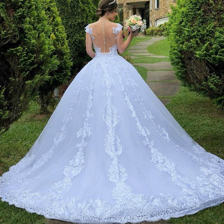 Roycebridal Cheap Illusion Vestido De Noiva Round Neck Ball Gown Princess Appliques For Luxury Wedding Dress Wedding Dress Sexy Mariee Back