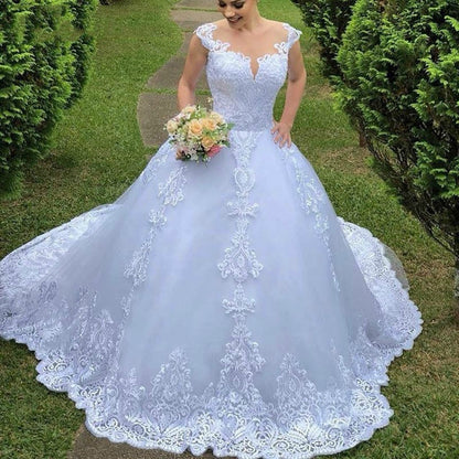 Roycebridal Cheap Illusion Vestido De Noiva Round Neck Ball Gown Princess Appliques For Luxury Wedding Dress Wedding Dress Sexy Mariee Back