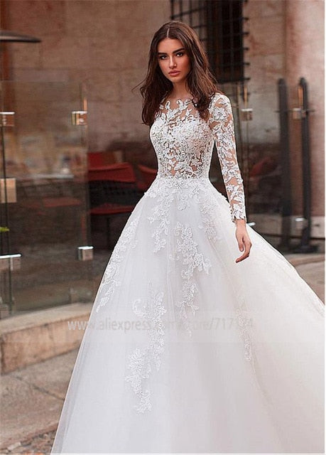 Roycebridal Attractive Tulle Jewel Neckline See-through Bodice A-line Wedding Dress With Lace Appliques & Beadings Long Sleeves Bridal Dress