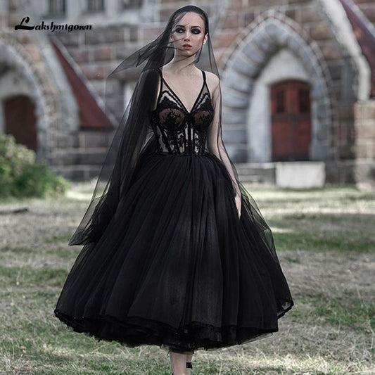 Lakshmigown Gothic Black Wedding Dresses Backless A-line Bridal Dress Tea Length Deep V-Neck Lace Wedding Gowns Vestido De Novia - ROYCEBRIDAL OFFICIAL STORE