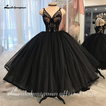 Lakshmigown Gothic Black Wedding Dresses Backless A-line Bridal Dress Tea Length Deep V-Neck Lace Wedding Gowns Vestido De Novia - ROYCEBRIDAL OFFICIAL STORE