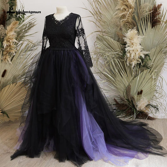 Lakshmigown Purple Black Gothic Wedding Dresses 2021 abito da sposa Sexy Slit Tulle Long Sleeve Bridal Gown vestido de novia - ROYCEBRIDAL OFFICIAL STORE