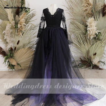 Lakshmigown Purple Black Gothic Wedding Dresses 2021 abito da sposa Sexy Slit Tulle Long Sleeve Bridal Gown vestido de novia - ROYCEBRIDAL OFFICIAL STORE