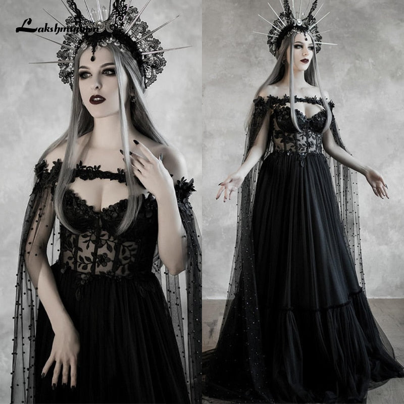 Lakshmigow Dark Fairytale Gothic Black Wedding Dresses with Cupped Corset Bodice Fantasy Bridal Gown Halloween Wedding Cloak - ROYCEBRIDAL OFFICIAL STORE