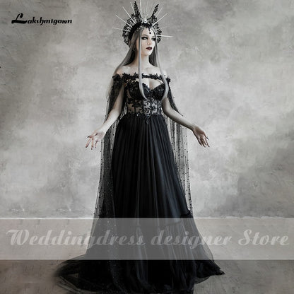 Lakshmigow Dark Fairytale Gothic Black Wedding Dresses with Cupped Corset Bodice Fantasy Bridal Gown Halloween Wedding Cloak - ROYCEBRIDAL OFFICIAL STORE