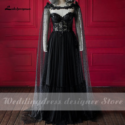 Lakshmigow Dark Fairytale Gothic Black Wedding Dresses with Cupped Corset Bodice Fantasy Bridal Gown Halloween Wedding Cloak - ROYCEBRIDAL OFFICIAL STORE