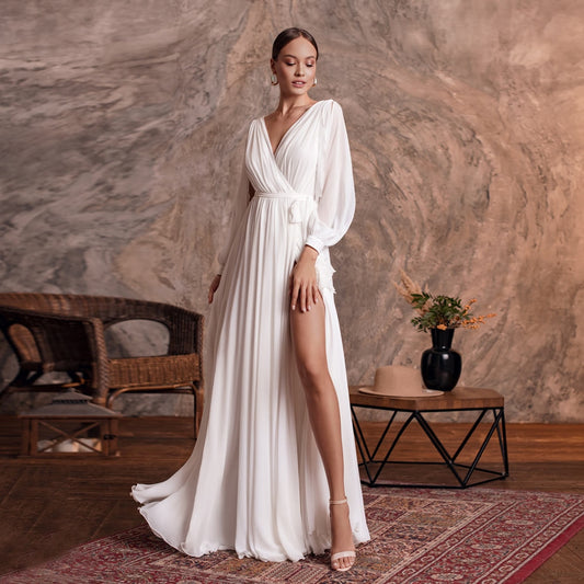 Roycebridal Simple Wedding Dress Sexy V Neck Long Sleeves Plain Chiffon A Line Beach Wedding Gown Side Slit Bridal Dresses