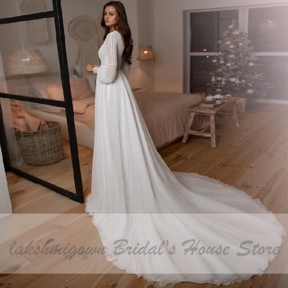 Vestidos Boho Bridal Long Sleeve Wedding Dresses A Line 2021 Robe Longue Simple Beach Chiffon Long Wedding Gowns Deep V-neck - ROYCEBRIDAL OFFICIAL STORE