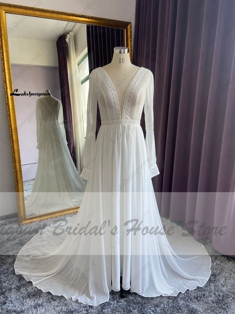 Vestidos Boho Bridal Long Sleeve Wedding Dresses A Line 2021 Robe Longue Simple Beach Chiffon Long Wedding Gowns Deep V-neck - ROYCEBRIDAL OFFICIAL STORE