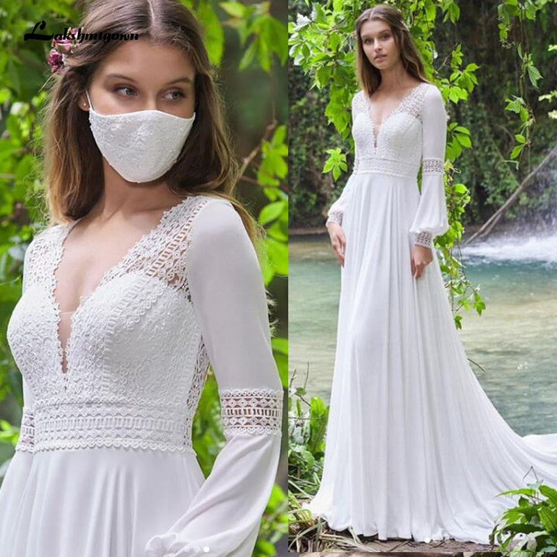 Vintage Long Puff Sleeves Wedding Dress Lace And Chiffon A Line Bride Gowns Backless Sexy Boho Bridal Dress 2021 New  Arrival - ROYCEBRIDAL OFFICIAL STORE