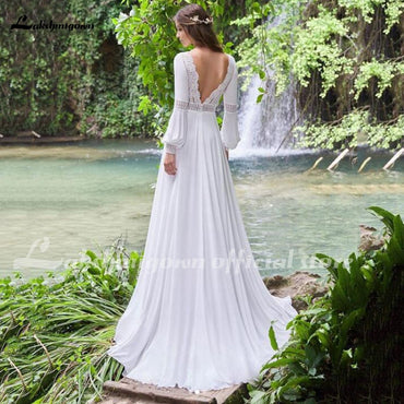 Vintage Long Puff Sleeves Wedding Dress Lace And Chiffon A Line Bride Gowns Backless Sexy Boho Bridal Dress 2021 New  Arrival - ROYCEBRIDAL OFFICIAL STORE