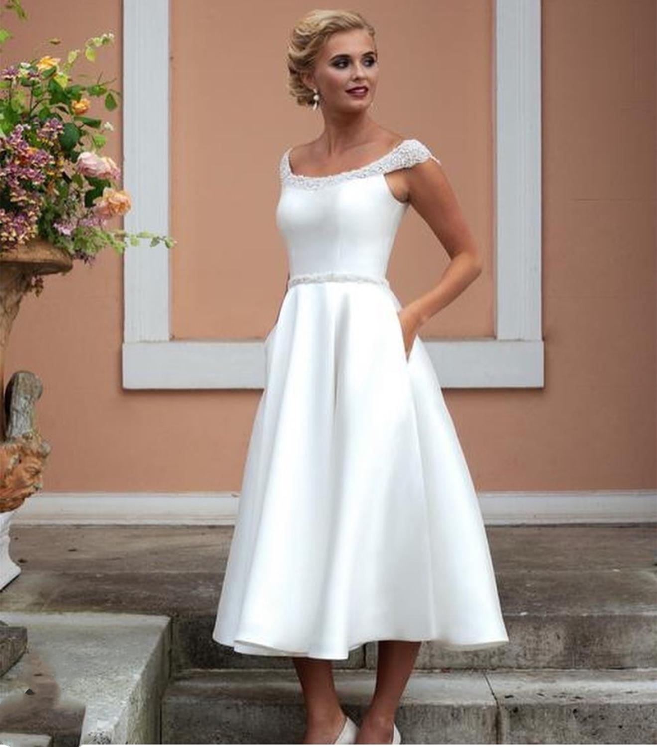 Roycebridal Short Wedding Dresses Satin Knee  Length With Crystal Beading Bridal Gowns With Pocket Elegant Simple Scalloped Cap Sleeve 2021