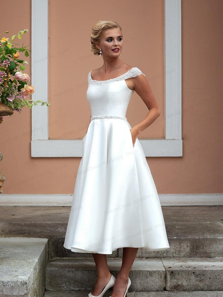 Roycebridal Short Wedding Dresses Satin Knee  Length With Crystal Beading Bridal Gowns With Pocket Elegant Simple Scalloped Cap Sleeve