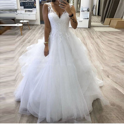 Roycebridal V-neck Princess Ball Gown Wedding Dress With Tiered Tulle Skirt White Customize Bride Dress Winter Bridal Gowns