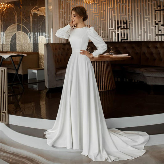 Roycebridal Vestido De Noiva Simple Soft Satin Wedding Dresses Long Sleeve Muslim Bridal Gowns Dubai Back Button Plus Size A-Line Bride Dres