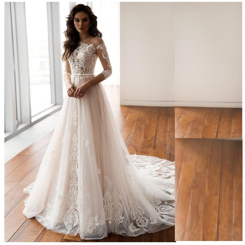 Elegant 3/4 Sleeve Wedding Dresses 2021 A-Line Lace Appliques Button Belt Sweep Train Tulle Bridal Gown Vestidos De Noiva