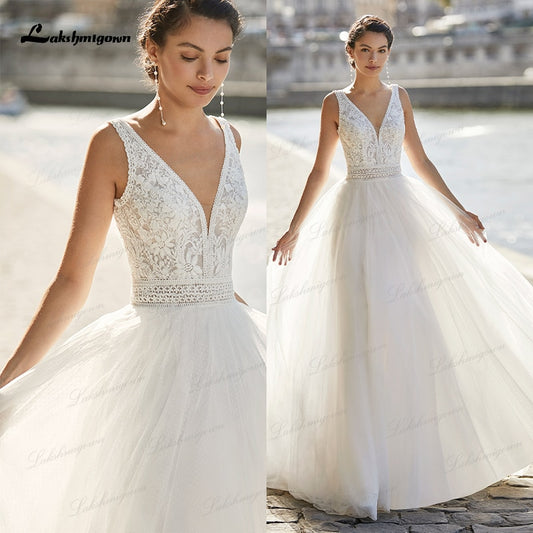 New Boho Lace Wedding Dress 2021 V-neckline robe mariee Tulle A-Line Beach Bridal Gown with Shoulder Straps vestido de novia - ROYCEBRIDAL OFFICIAL STORE