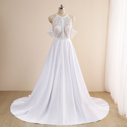 Roycebridal Simple A-Line Wedding Dresses Sexy Illusion O Neck Off Shoulder Button Cut-Out Lace Appliqued New 2021 Long Bridal Gowns Custom