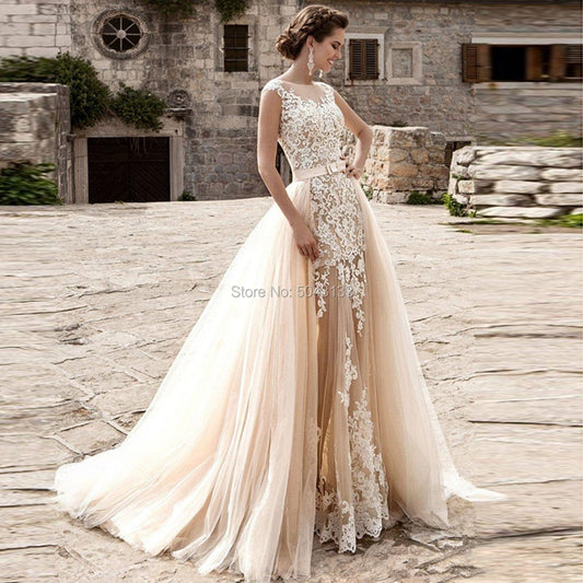 Roycebridal Sexy Two Piece Mermaid Wedding Dresses 2021 Champagne with Detachable Skirt Romantic Ivory Lace Applique Bridal Gowns