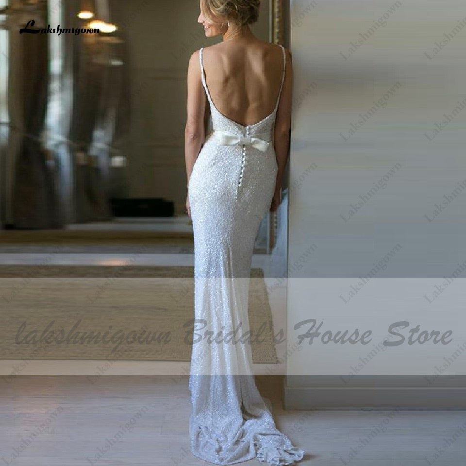 Lakshmigown Sparkly Bridal Robe Sequin Receiption Wedding Gown 2021 Trouwjurken Sexy Women Mermaid Wedding Dresses Open Back - ROYCEBRIDAL OFFICIAL STORE