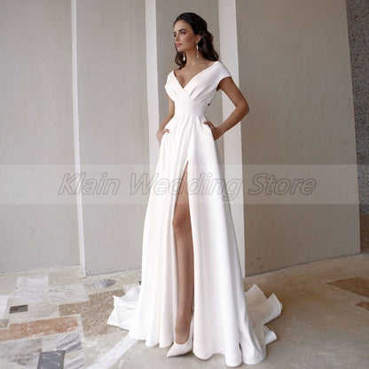 Roycebridal Modest Side Slit V-Neck Wedding Dresses Fashion Short Sleeve Sweep Train A Line Bridal Gowns with Pockets Robe De Mariée