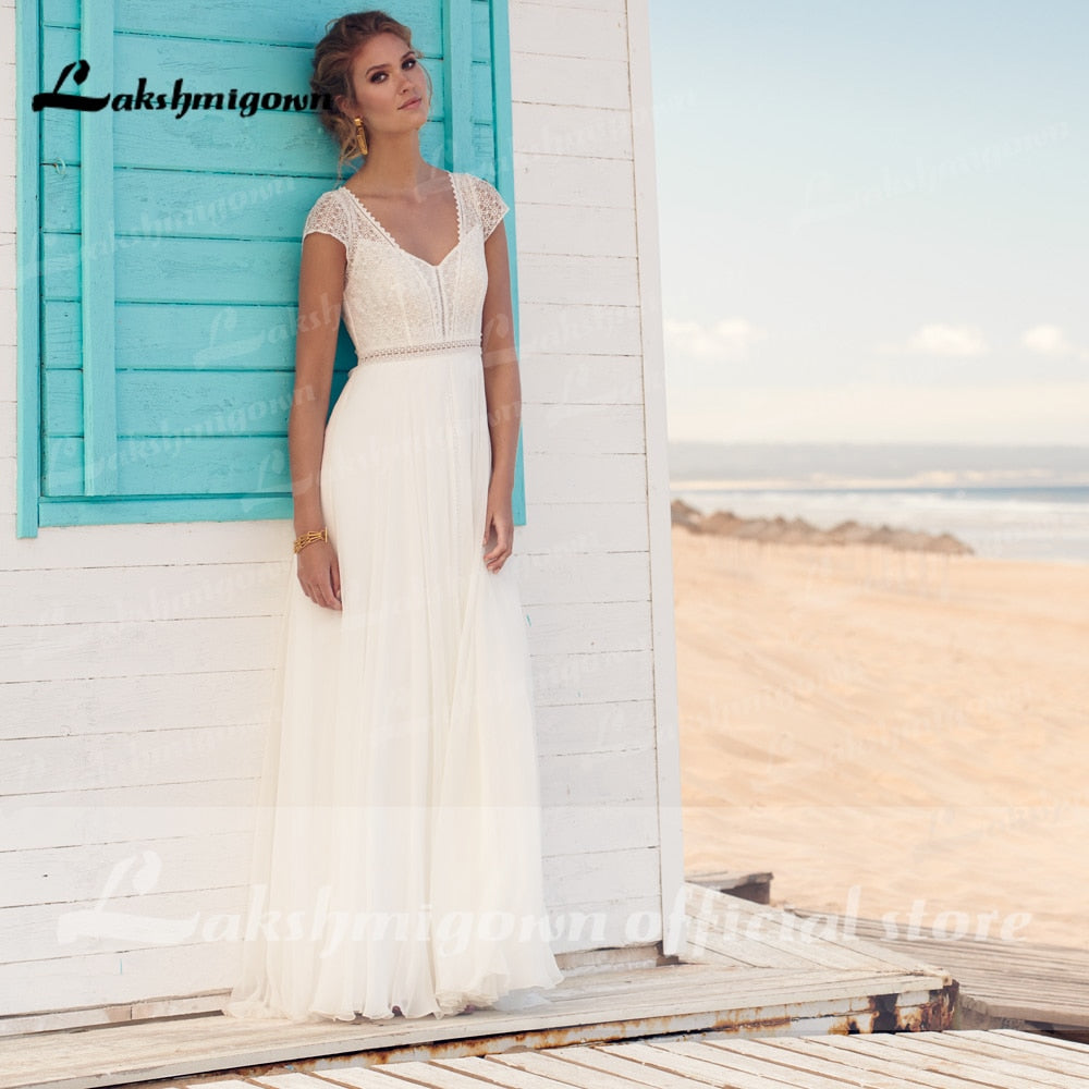 Lakshmigown ivory Wedding Dresses 2021 Vestaglia Donna A Line Chic Bridal Dress Sheer Illusion Lace Top bridal Dress - ROYCEBRIDAL OFFICIAL STORE