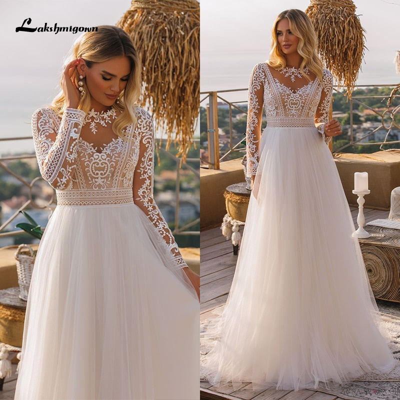 Vintage Long Sleeve Boho Wedding Dresses 2021 vestido de novia Lace High Neck Plus Size A Line Beach Bridal Gowns robe de mariee - ROYCEBRIDAL OFFICIAL STORE